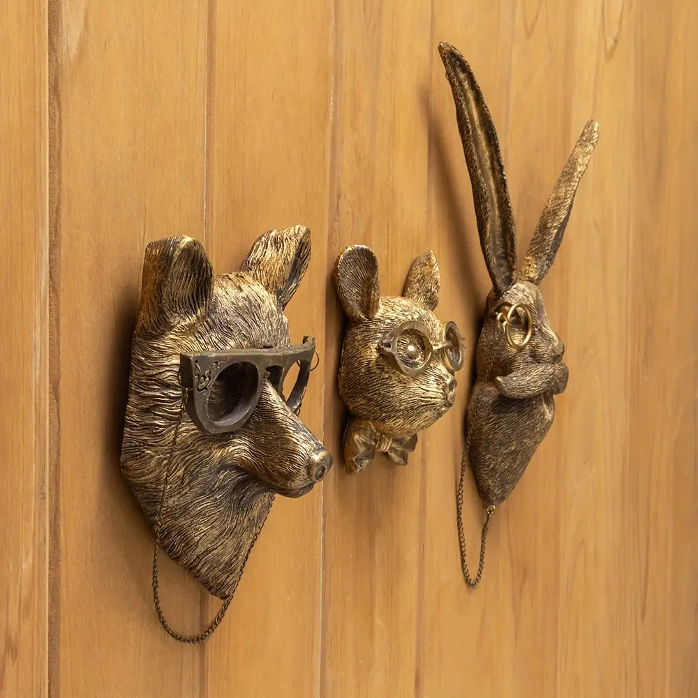 Bronzed Resin Animal Head Wall Sculpture | Faux Taxidermy Mount in Bear, Fox, Rabbit or Mouse