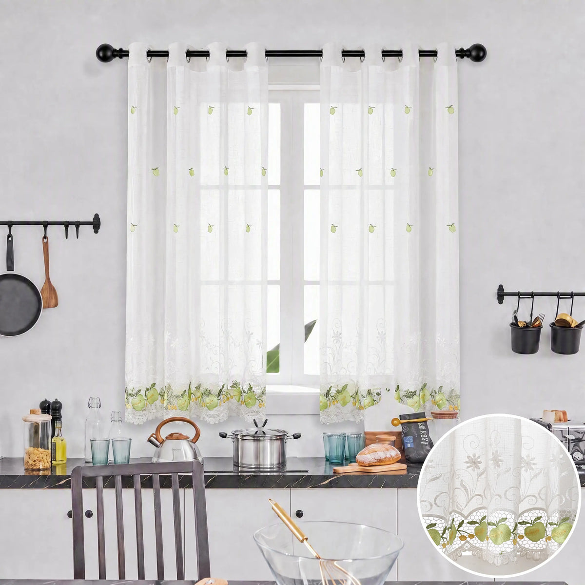 2 Panels 52"X60" Water Soluble Embroidery Lace Grommet Curtains,Farmhouse Sheer Drapes,Linen Textured Sheer Curtain,Short Window Curtains,Fruit Designs Lace Embroidery Metal Grommet Light Filtering Window Voile for Dedroom Bathroom Decor SR00