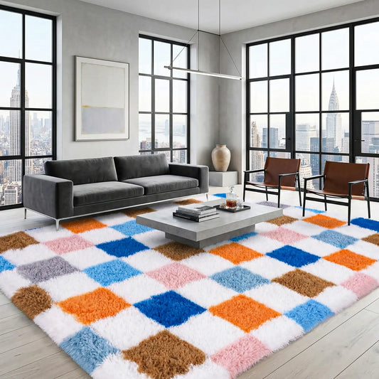 Ultra Soft Checkerboard Shag Area Rug