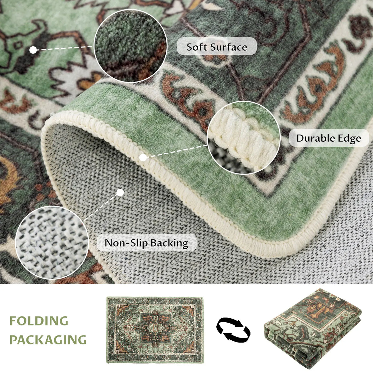 Neutral Vintage Washable Area Rug | Non-Slip, Machine Washable | Sizes 2×3 to 8×10