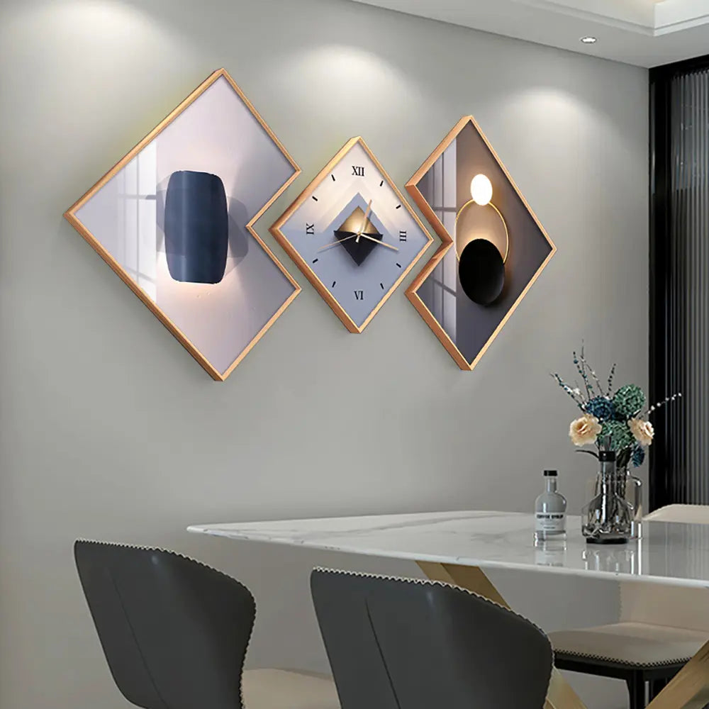 Homary 3-Pc Geometric Square Modern Abstract Silent Movement Wall Clock Set - Gold-Frame Canvas Artwork for Contemporary Living Room Decor