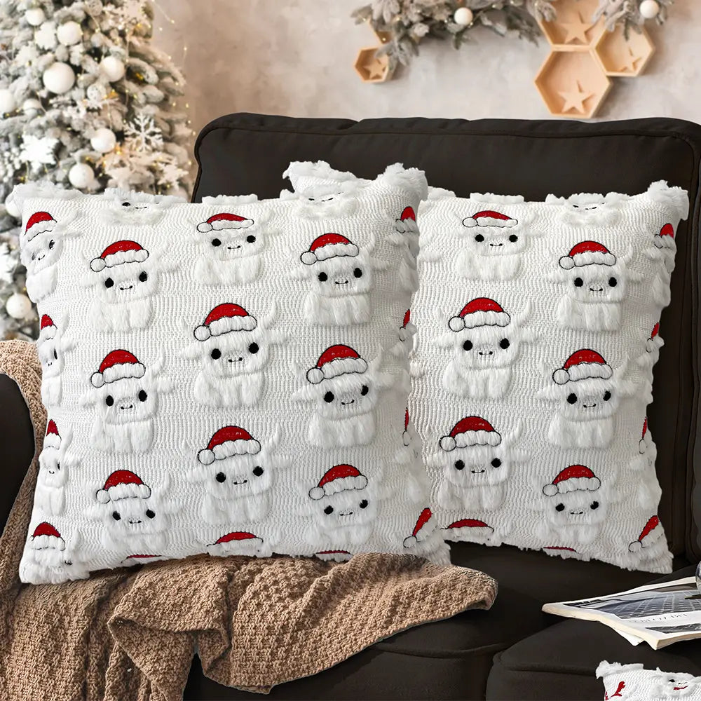 Charming Highland Cow Throw Pillow Covers - Set of 2, 18x18 Soft Plush Faux Fur Cushion Cases for Cozy Farmhouse Decor