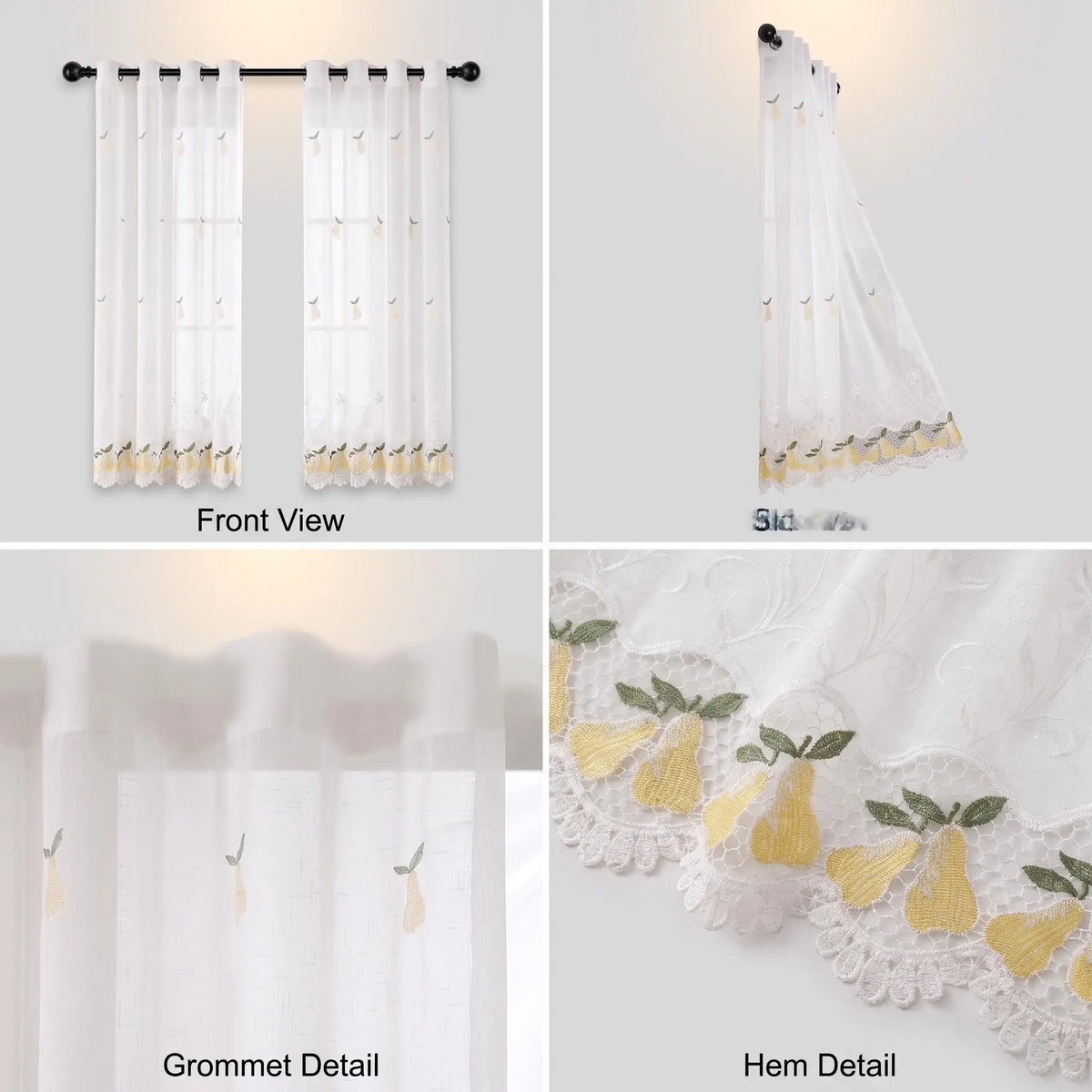 Lace Embroidered Fruit Sheer Curtains 52" × 60" | Set of 2 Faux Linen Café Panels, Grommet Top | Six Motifs