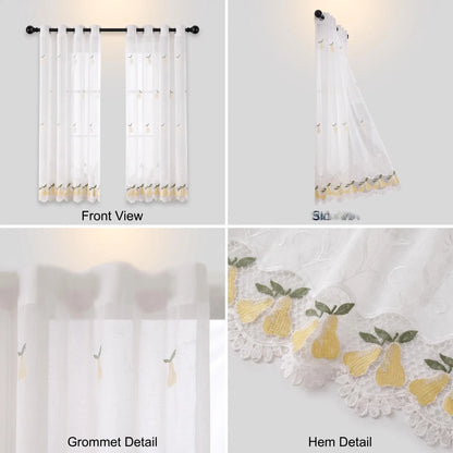 Lace Embroidered Fruit Sheer Curtains 52" × 60" | Set of 2 Faux Linen Café Panels, Grommet Top | Six Motifs