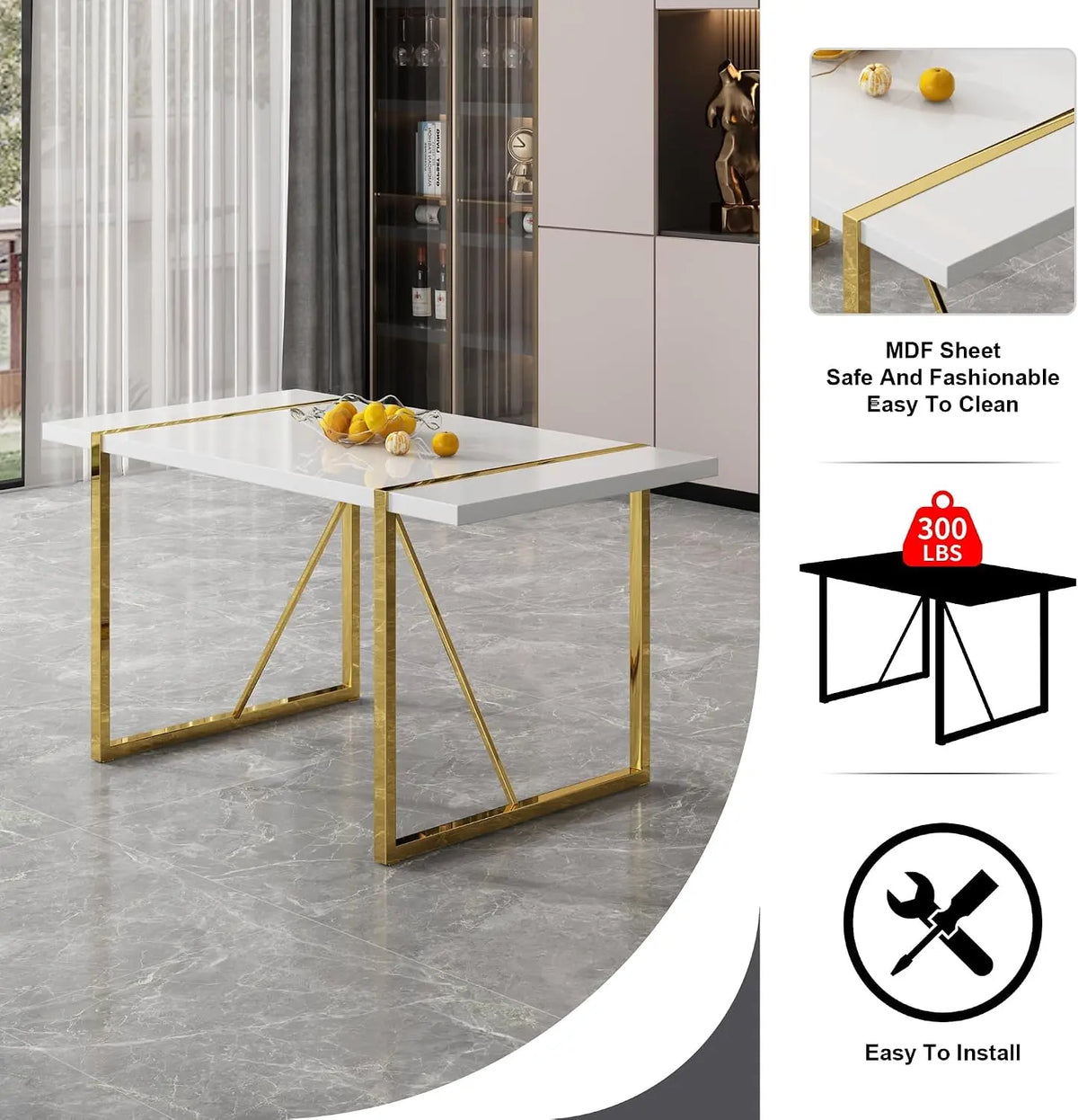 7-Piece Dining Table Set with White Rectangular MDF Table and 6 Leather Chairs