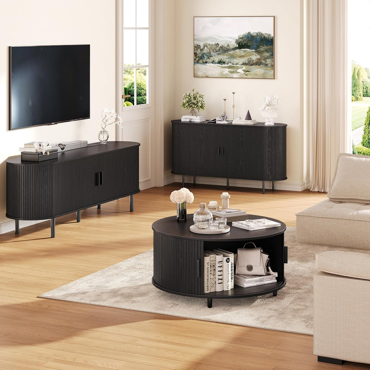 31.5" Round Black Coffee Table with Fluted Design