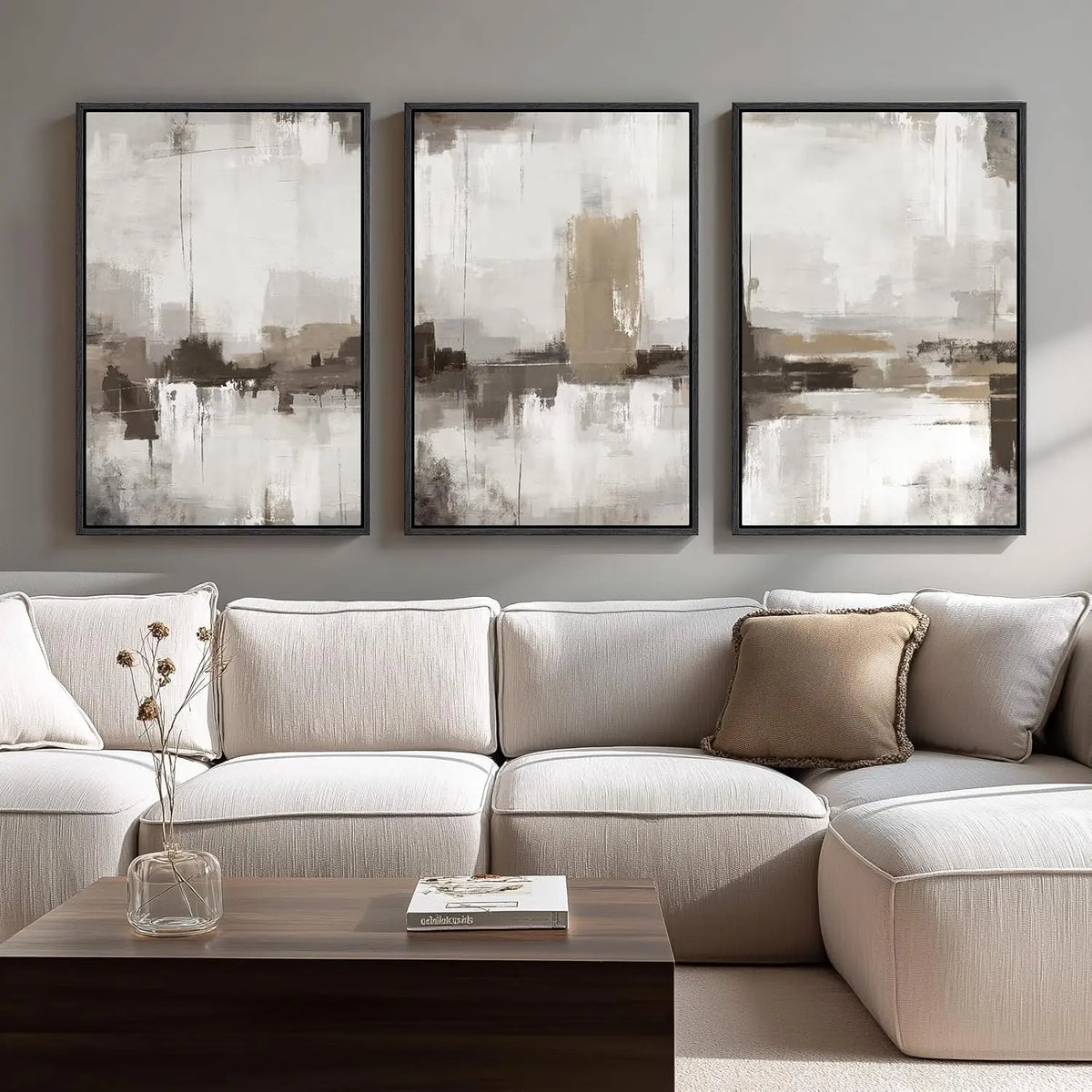 Elevate Your Space with a Set of 3 Framed Neutral Abstract Canvas Prints - Modern Minimalist Artwork for Any Room