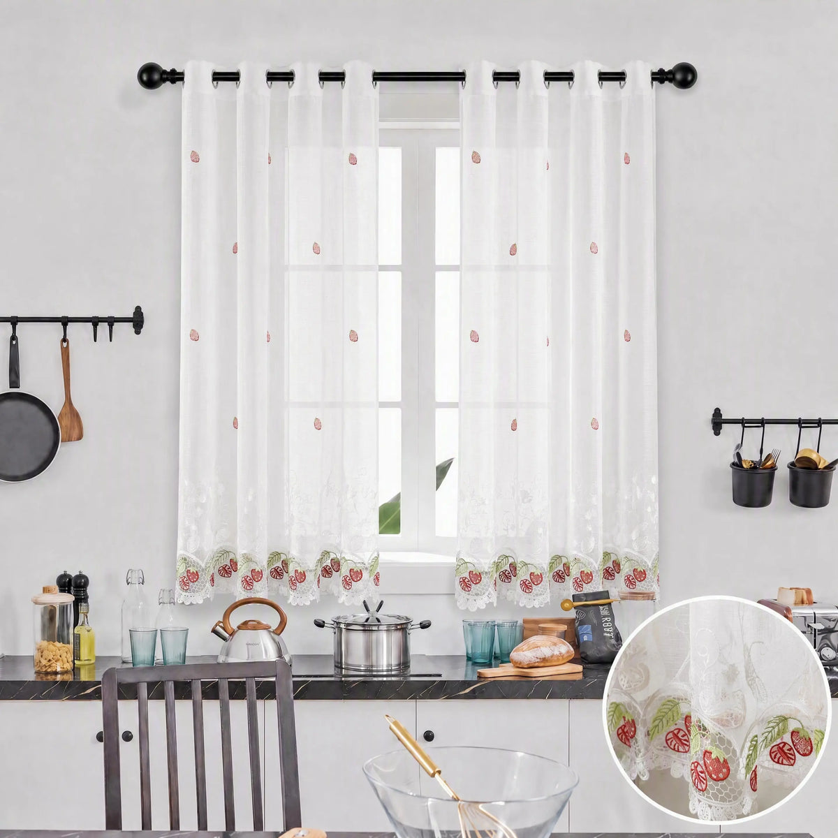 2 Panels 52"X60" Water Soluble Embroidery Lace Grommet Curtains,Farmhouse Sheer Drapes,Linen Textured Sheer Curtain,Short Window Curtains,Fruit Designs Lace Embroidery Metal Grommet Light Filtering Window Voile for Dedroom Bathroom Decor SR00