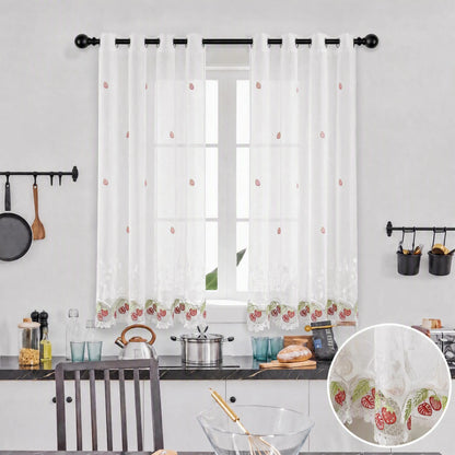 2 Panels 52"X60" Water Soluble Embroidery Lace Grommet Curtains,Farmhouse Sheer Drapes,Linen Textured Sheer Curtain,Short Window Curtains,Fruit Designs Lace Embroidery Metal Grommet Light Filtering Window Voile for Dedroom Bathroom Decor SR00
