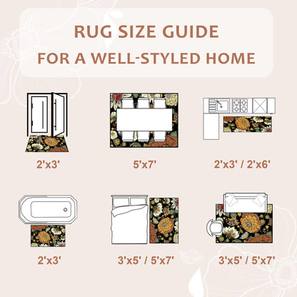 Tyrot Botanical Floral Washable Area Rug | Non-Slip Soft Boho Print in Four Designs | Sizes 2×3 to 8×10