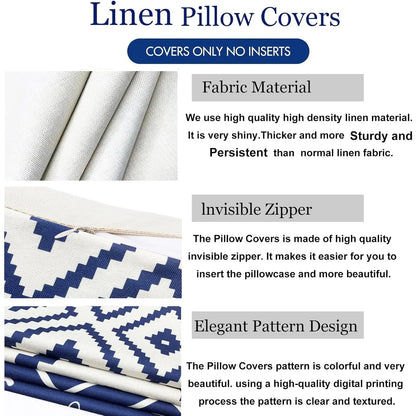 Blue Geometric Throw Pillow Covers - Set of 4, 18x18 Inch Linen Cases for Home Decor