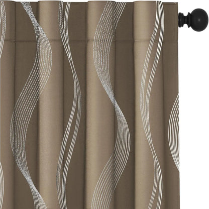 Transform Your Space with Deconovo Silver Print Wave Striped Blackout Curtains - 2 Panels of Thermal Insulated, Soundproof Elegance for Your Living Room or Bedroom
