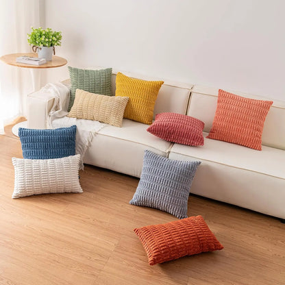 Soft Striped Corduroy Throw Pillow Covers - Set of 2 (18x18 Inch, Cream White)
