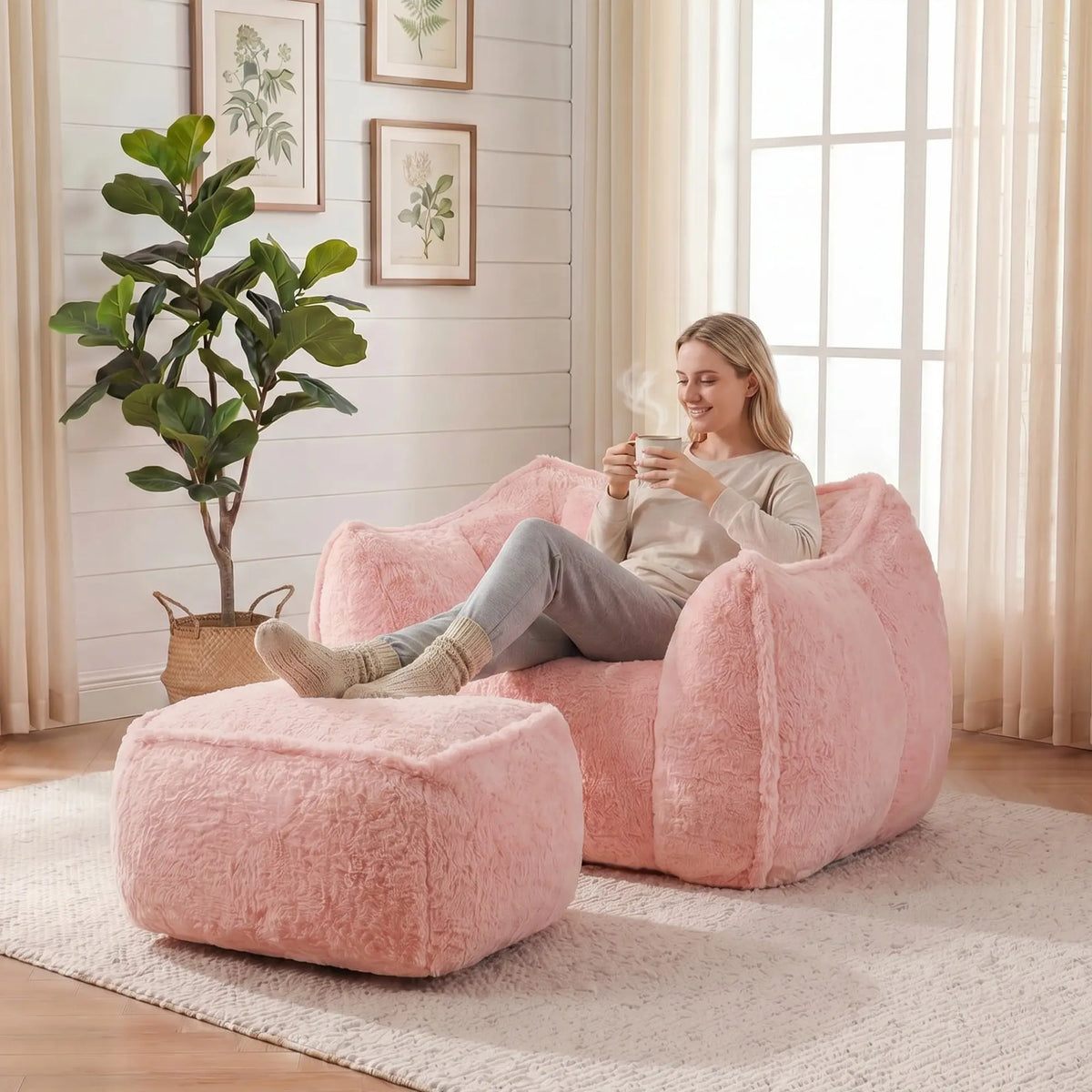 Fluffy Faux Fur Bean Bag Lounger with Ottoman