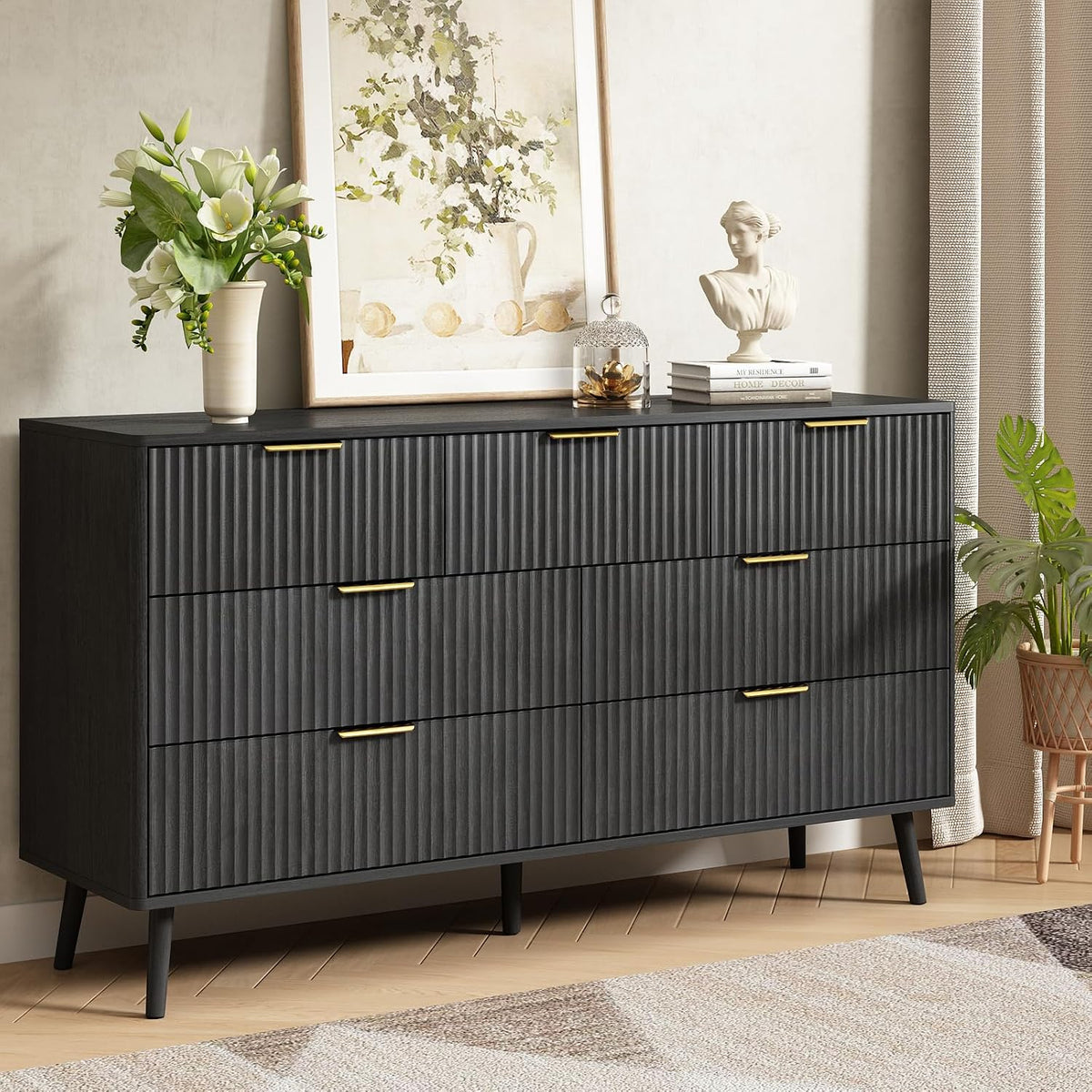 Modern 7 Drawer Dresser in Black with Gold Handles