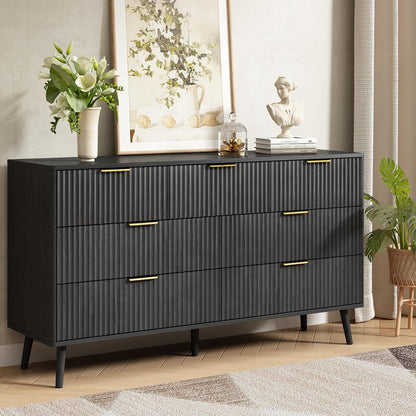 Modern 7 Drawer Dresser in Black with Gold Handles