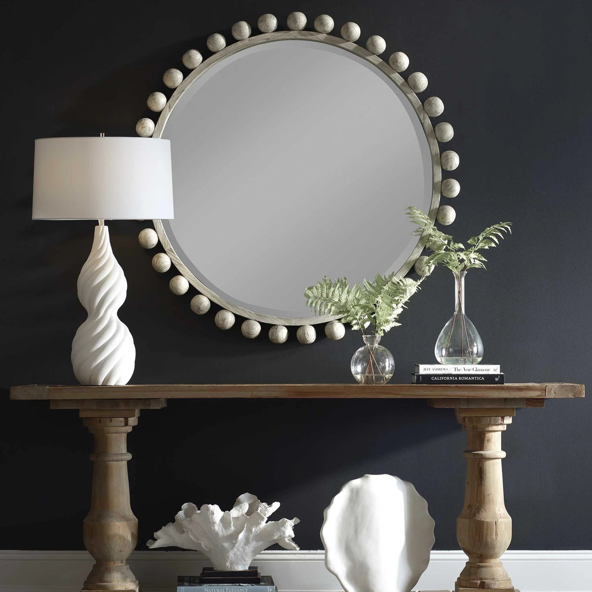 Wood Round Mirror, Aged Ivory
