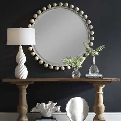Wood Round Mirror, Aged Ivory