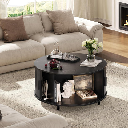 31.5" Round Black Coffee Table with Fluted Design