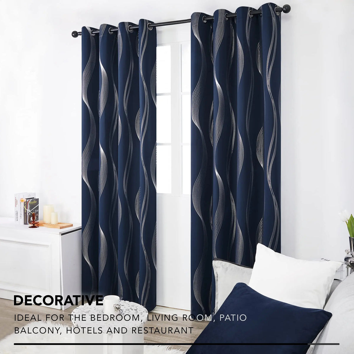 Silver Wave Print Blackout Curtains | Thermal Insulated, Grommet or Rod Pocket | Wide Size Range, Set of 2