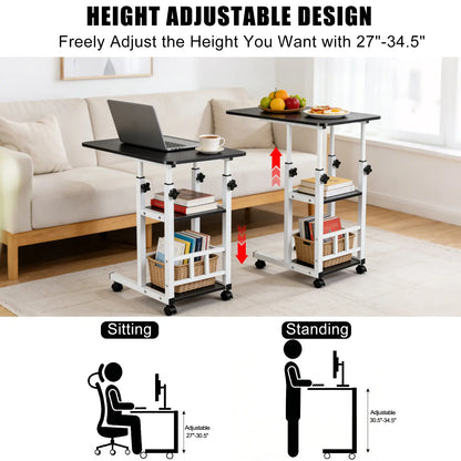 Functional Black C Shaped End Table with Adjustable Height and Wheels