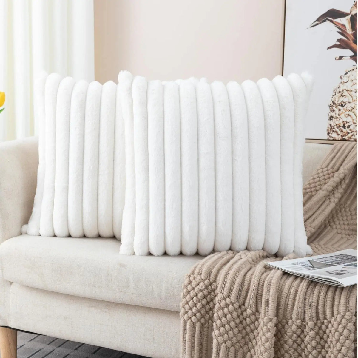Set of 2 Faux Fur Cream White Throw Pillow Covers – Fluffy Striped Design, Perfect for Sofa, Couch or Bedroom Decor (18x18 Inch)