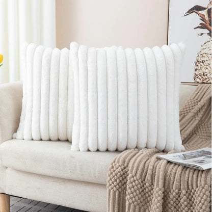 Set of 2 Faux Fur Cream White Throw Pillow Covers – Fluffy Striped Design, Perfect for Sofa, Couch or Bedroom Decor (18x18 Inch)