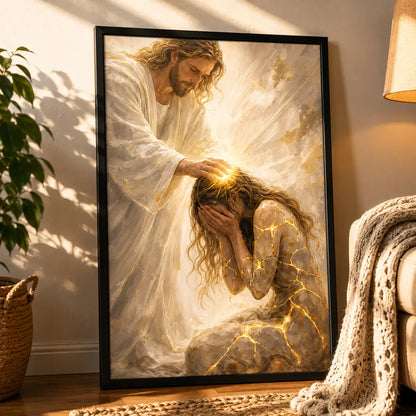 Healed by Him Christian Art Canvas - Jesus and Woman Wall Art for Your Home