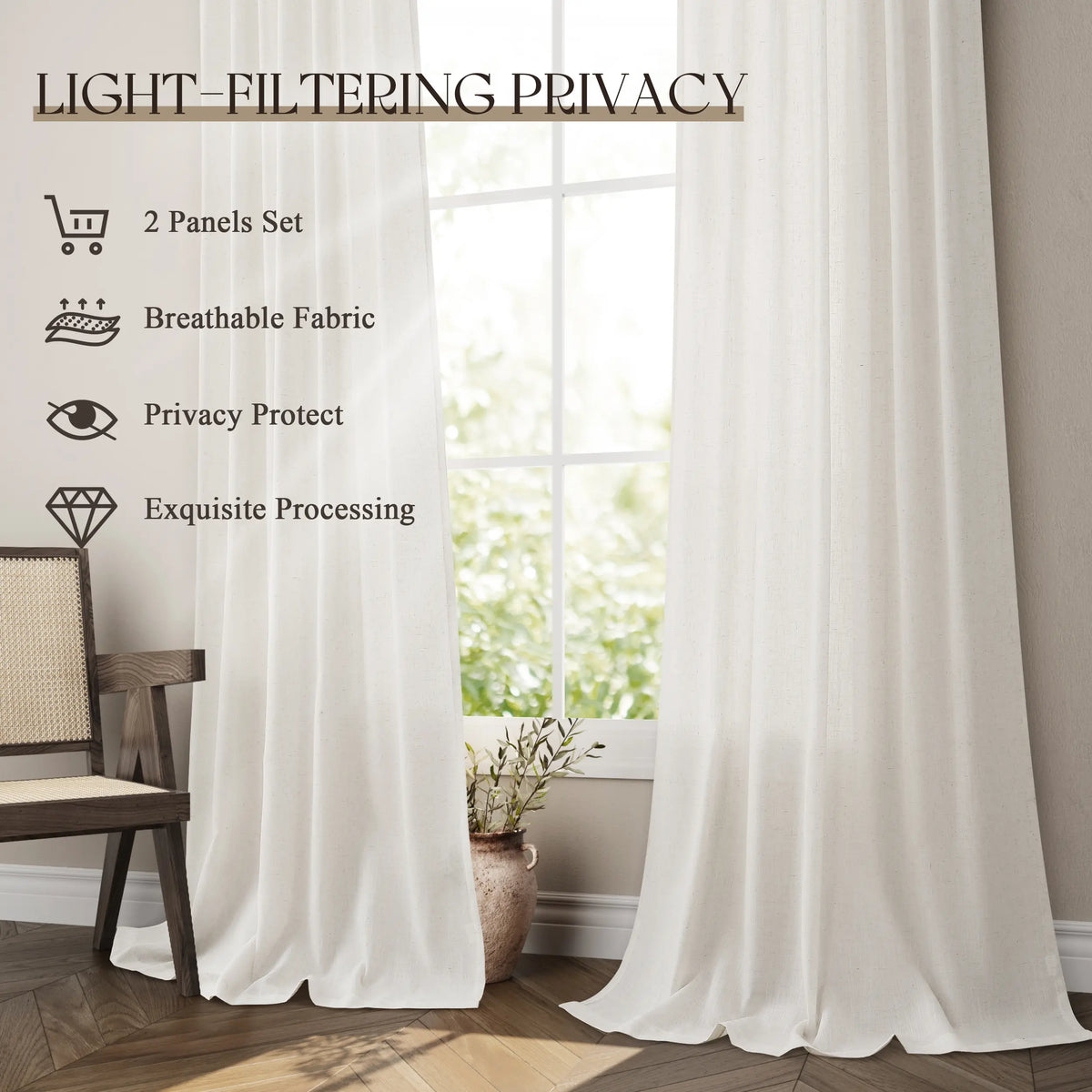 Jowels Semi-Sheer Linen Grommet Curtains - 2-Pack Drapes for Light Filtering Privacy in Any Room