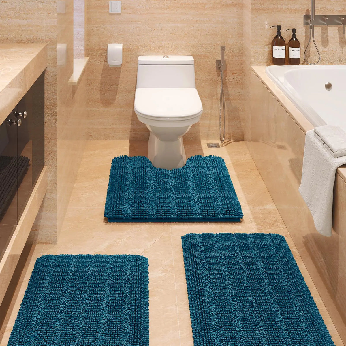 Transform Your Bathroom with the ACCUMTEK Luxurious Soft Striped Chenille Bath Rug Set - 3 Plush, Non-Slip Mats for Ultimate Comfort and Style