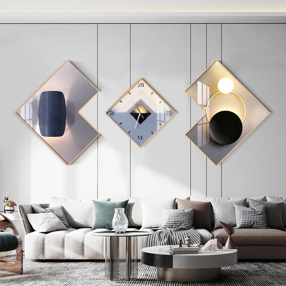 Homary 3-Pc Geometric Square Modern Abstract Silent Movement Wall Clock Set - Gold-Frame Canvas Artwork for Contemporary Living Room Decor