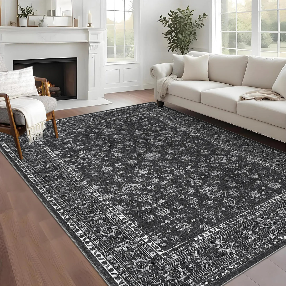 Washable Vintage Area Rug for Bedroom Living Room, Distressed Floral Print Non Slip Dining Room Rugs Retro Accent Non Shedding Floor Carpet Low Pile Ultra Thin Oriental Throw Rugs for Nursery Playroom