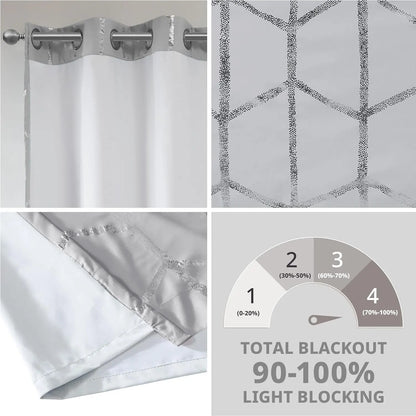 Raina Total Blackout Metallic Print Grommet Top Window Curtain Panel Thermal Insulated Light Blocking Drape for Bedroom Living Room and Dorm 1 Piece