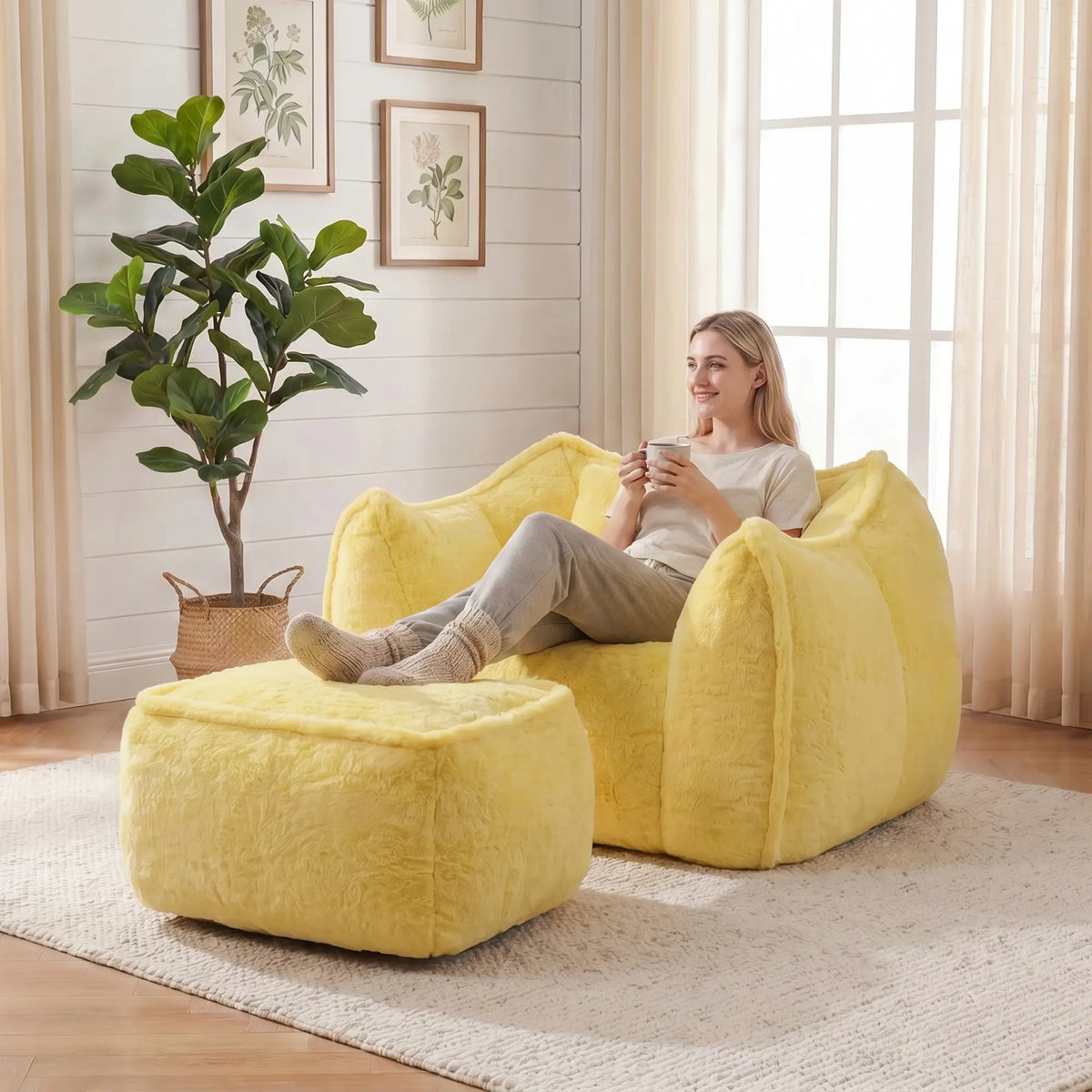 Fluffy Faux Fur Bean Bag Lounger with Ottoman