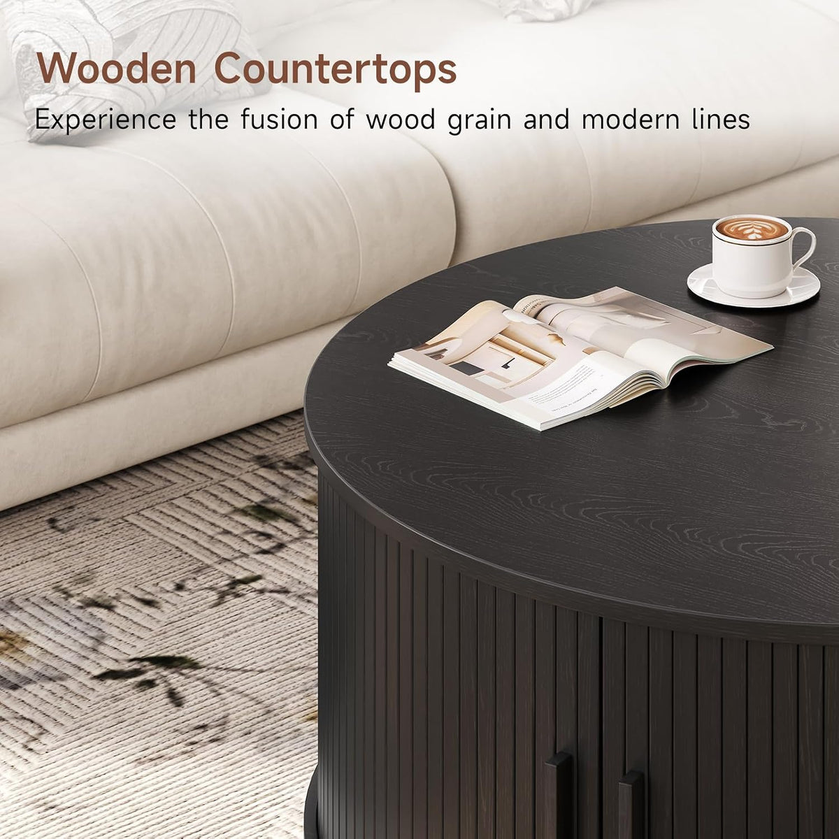 31.5" Round Black Coffee Table with Fluted Design