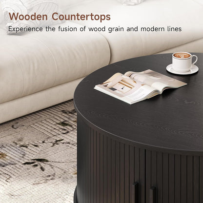 31.5" Round Black Coffee Table with Fluted Design