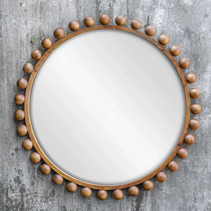Wood Beaded Round Mirror