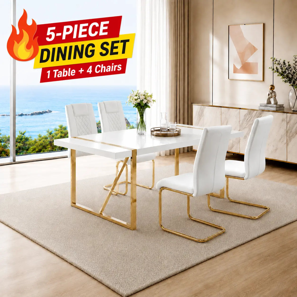 7-Piece Dining Table Set with White Rectangular MDF Table and 6 Leather Chairs