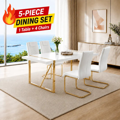 7-Piece Dining Table Set with White Rectangular MDF Table and 6 Leather Chairs