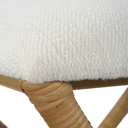 Rattan-Wrapped White Fabric Bench