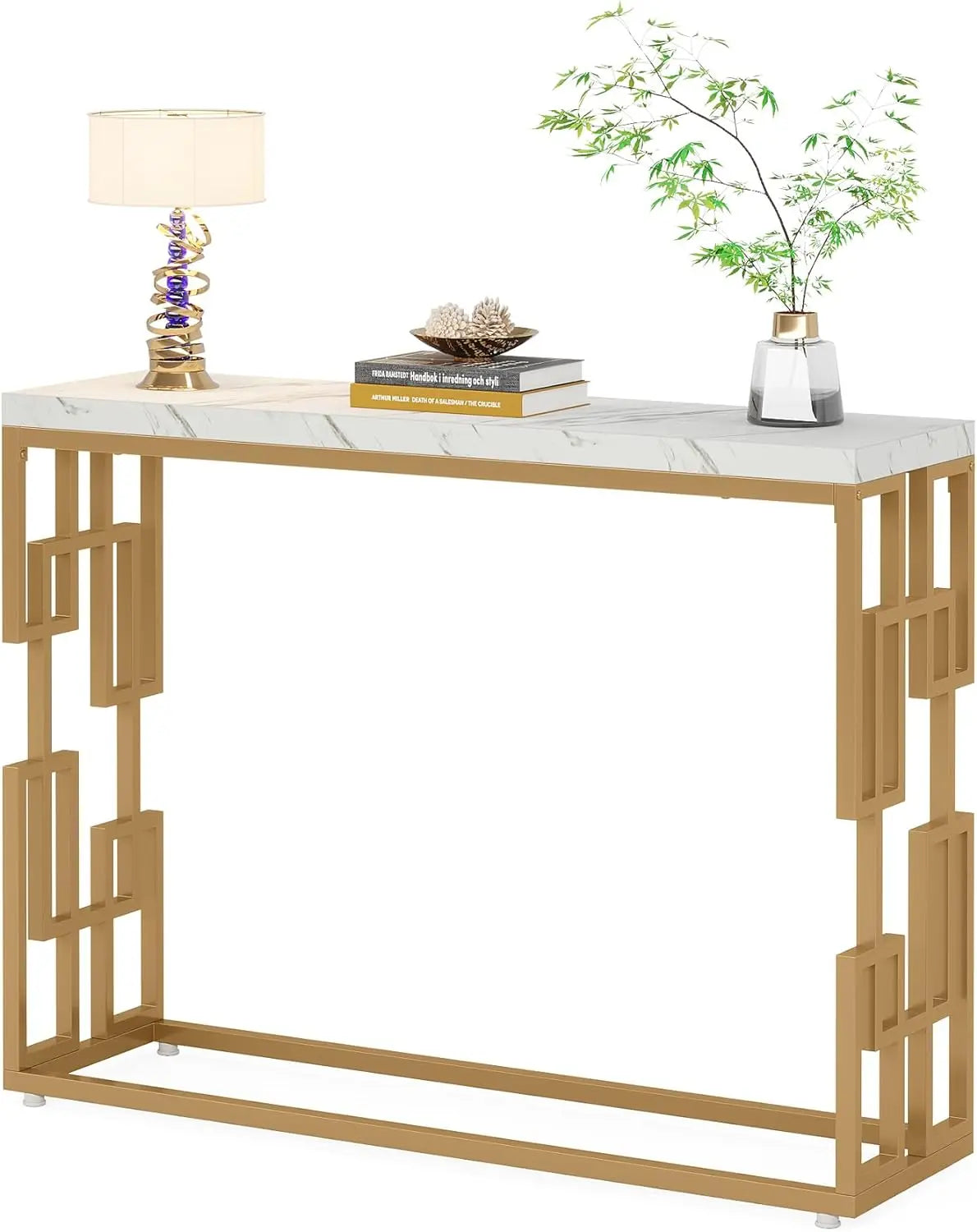 Tribesigns 42.5" Modern Gold Console Table Featuring a White Faux Marble Top