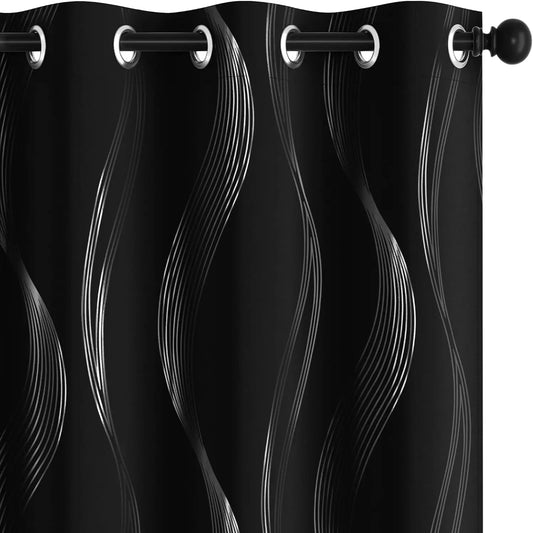 Silver Wave Print Blackout Curtains | Thermal Insulated, Grommet or Rod Pocket | Wide Size Range, Set of 2
