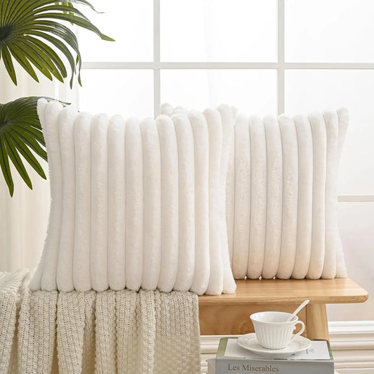 Set of 2 Luxuriously Soft Faux Plush Decorative Throw Pillow Covers - 18x18 Inches, Cream White Striped Accent Cushions for Sofa, Couch, and Bed