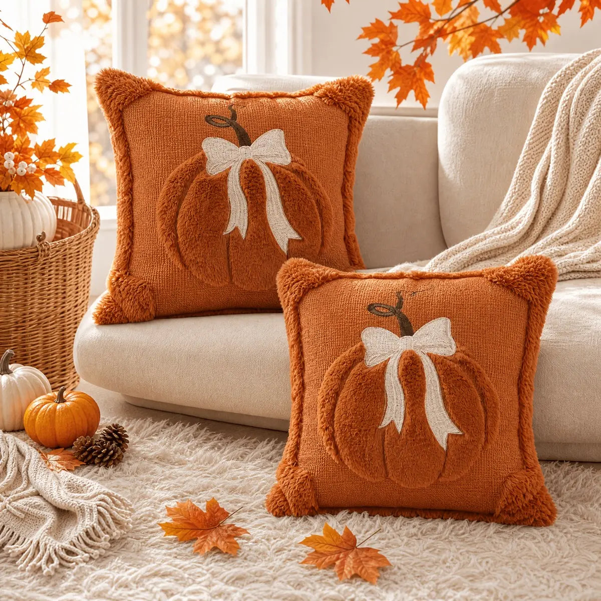 2-Pack 3D Jacquard Pumpkin Pillow Covers – Perfect 18X18 Inch Throw Pillows for Thanksgiving & Farmhouse Style
