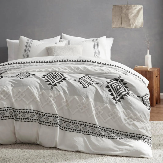 Boho Tufted Geometric Duvet Cover Set | 3-Piece Jacquard Microfibre with 8 Corner Ties | Sage, Terracotta, Grey or White