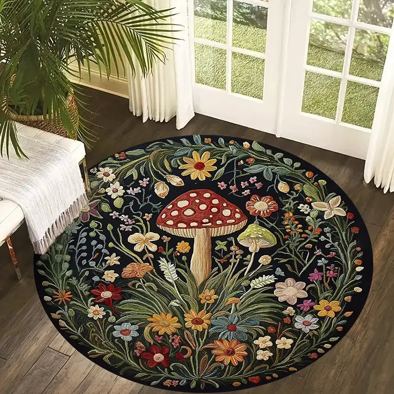 Mushroom Boho Floral Felt Rug - Fluffy, Non-Slip, and Machine Washable for Effortless Elegance