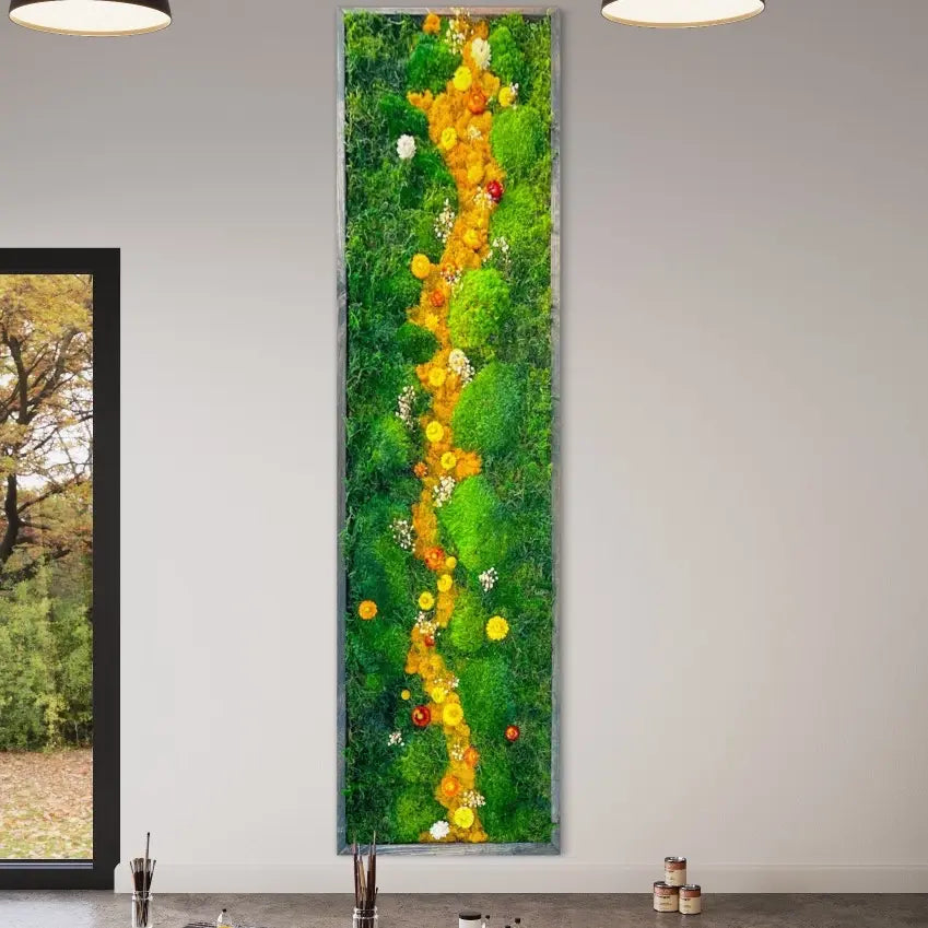 Handcrafted Framed Preserved Moss Wall Art | Botanical Panel with Wildflowers, No Maintenance | Seven Sizes to 60"