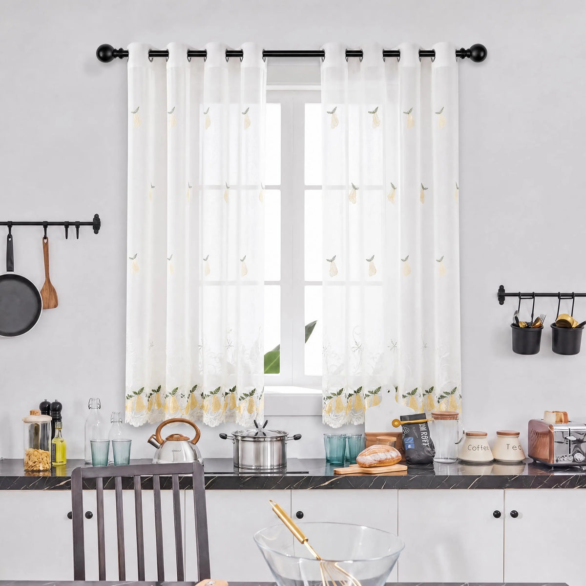 Lace Embroidered Fruit Sheer Curtains 52" × 60" | Set of 2 Faux Linen Café Panels, Grommet Top | Six Motifs