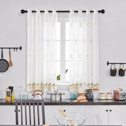 Lace Embroidered Fruit Sheer Curtains 52" × 60" | Set of 2 Faux Linen Café Panels, Grommet Top | Six Motifs