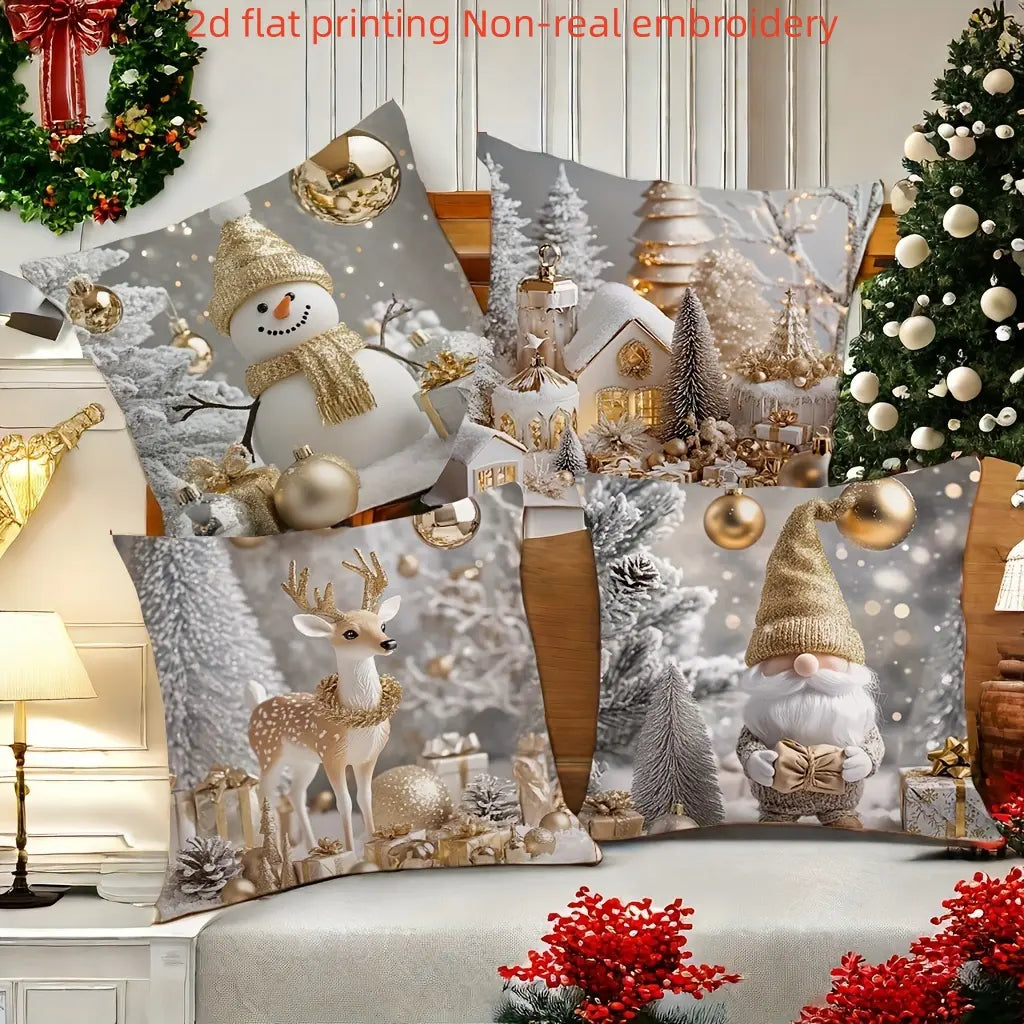 4Pcs Christmas Throw Pillow Covers Featuring Snowmen and Elves